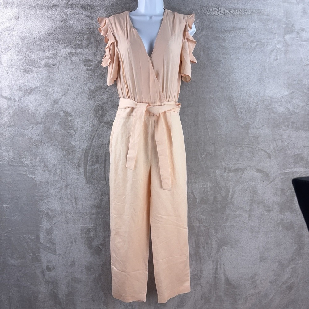 Maje Jumpsuit Womens Size 36‎ Peach Ruffle Sleeve Belted Wide Leg Elegant Chic